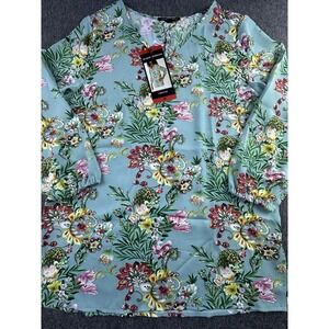 Mario Serrani Shirt Womens Medium Blue Floral Teal Blouse Tunic V-Neck‎ Top New